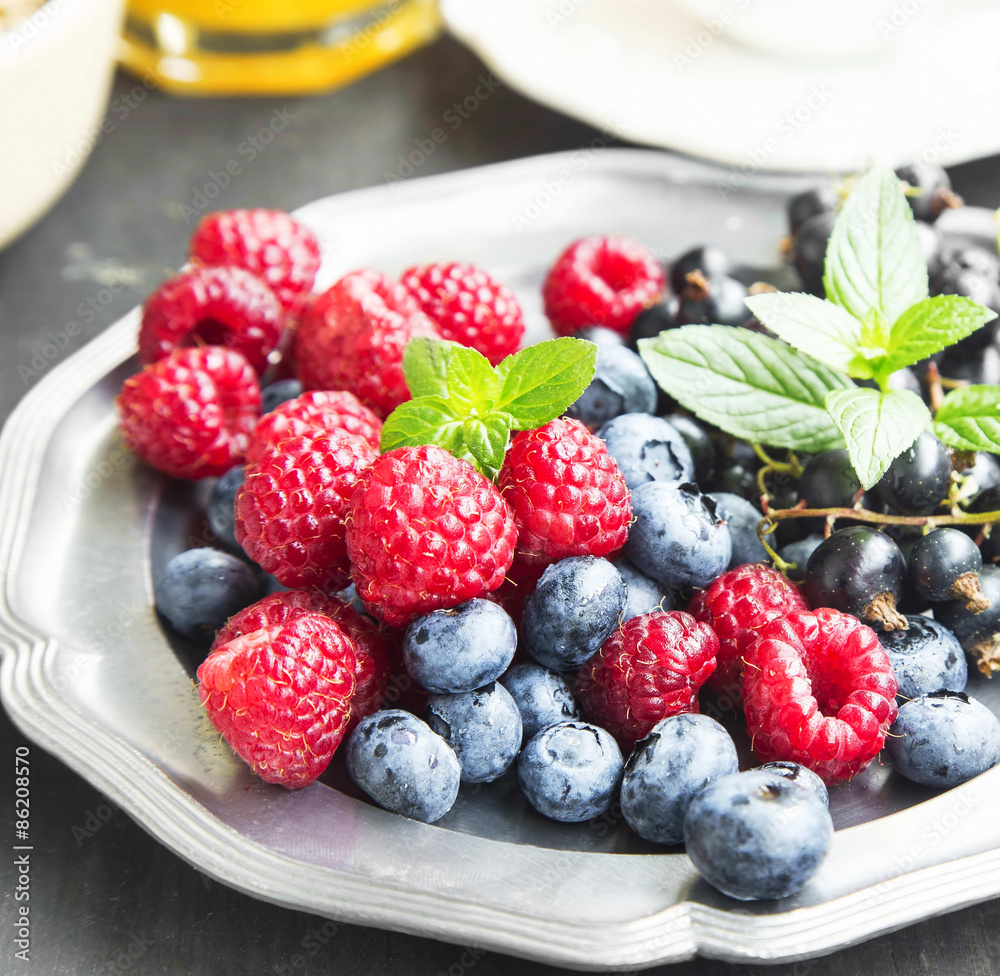Fresh Organic Raspberries,Blueberries and Currants with Mint Lea Fresh Organic Raspberries,Blueberries and Currants with Mint Lea