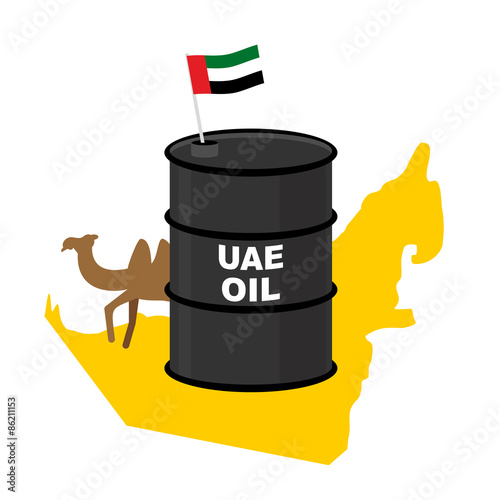 Barrel oil UAE  map background. Flag United Arab Emirates. Camel