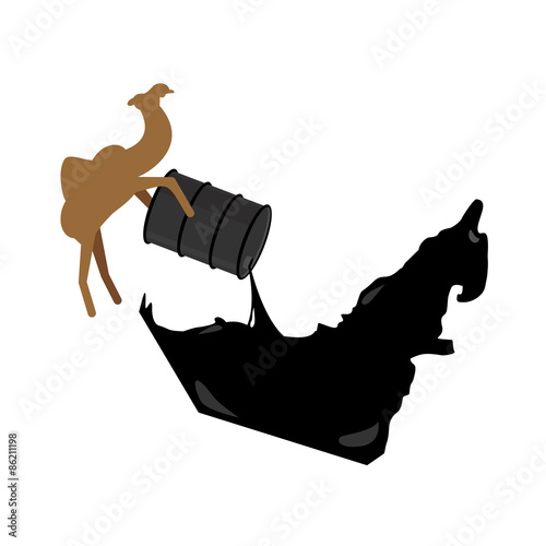 United Arab Emirates map. Camel pours oil from  barrel to UAE  m