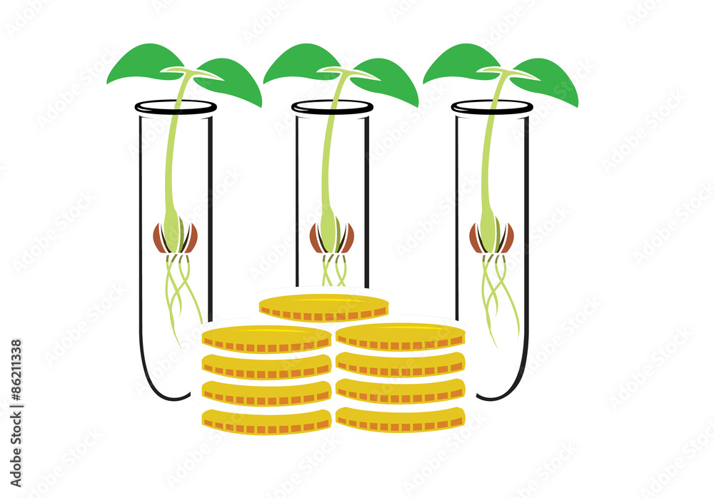 Vector image of test tubes containing plant seedlings around coins