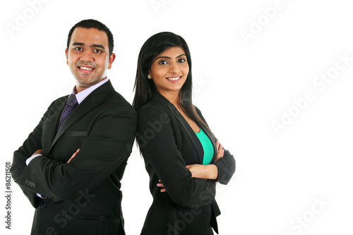 Asian Indian businessman and businesswoman in group standing with folded hands isolated on white with copyspace. Successful Teamwork concept..