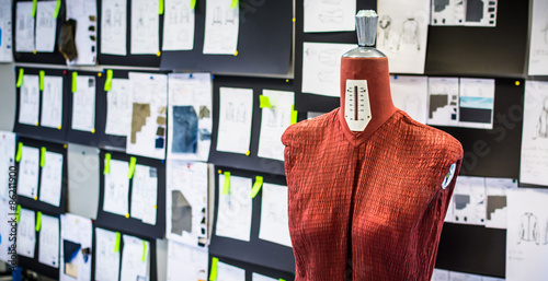 Professional dressmakers dummy with measuring tape, with fashion sketches on wall behind
