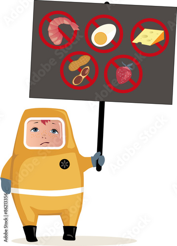 Child in hazmat suit holding a poster with common food allergens icons, vector illustration, EPS 8