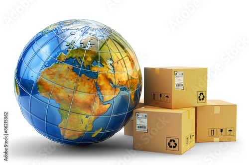 International package delivery concept, global purchases transportation business, stack of cardboard boxes and Earth globe isolated on white background