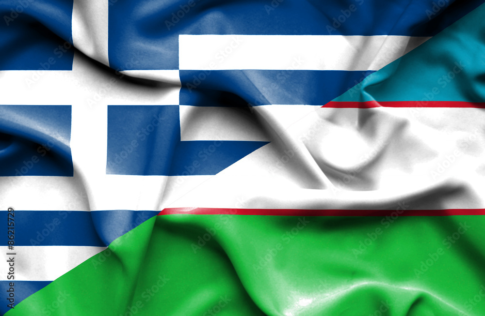 Obraz premium Waving flag of Uzbekistan and Greece