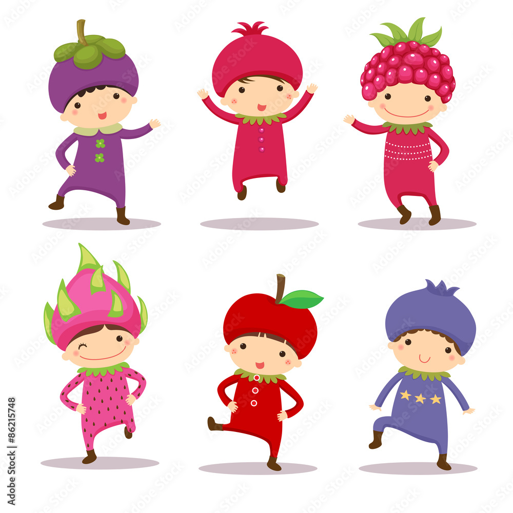 Cute kids in mangosteen, pomegranate, raspberry, dragon fruit, a Cute kids in mangosteen, pomegranate, raspberry, dragon fruit, a