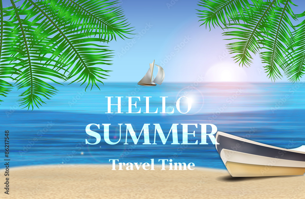 custom made wallpaper toronto digitalSunrise on the sea beach with palm leaves and a boat. Summer