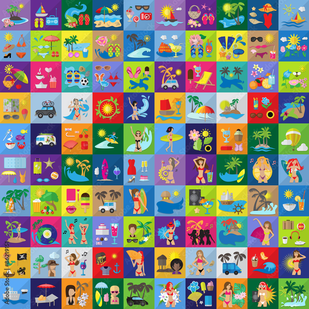 Summer Flat Icons Set: Vector Illustration, Graphic Design. Collection Of Colorful Icons