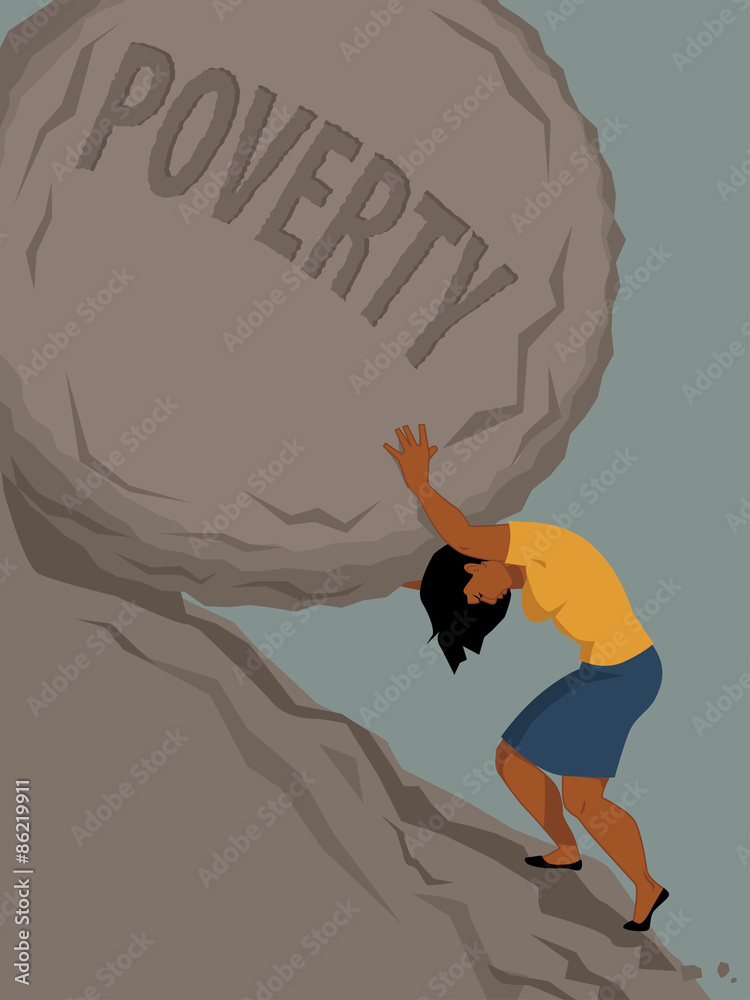 Vetor de Woman pushing a rock with the word poverty written on it