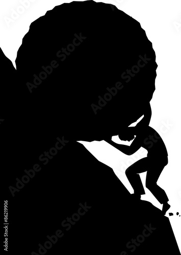 Foto Black vector silhouette of a man, Sisyphus, pushing a boulder up on the mountain