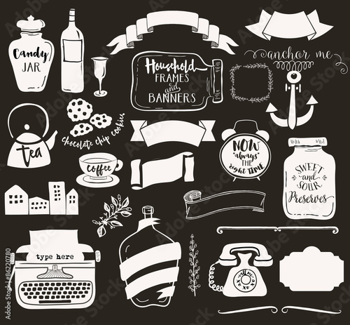 Household Frames and Banners - Set of household objects, including jars, teapot, vintage typewriter, alarm clock and retro telephone, used as whimsical labels, and frames. Black and white, hand drawn