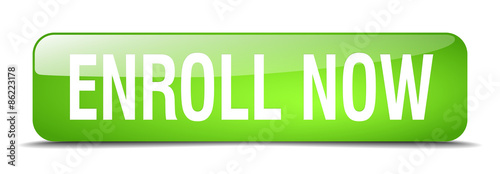 enroll now green square 3d realistic isolated web button