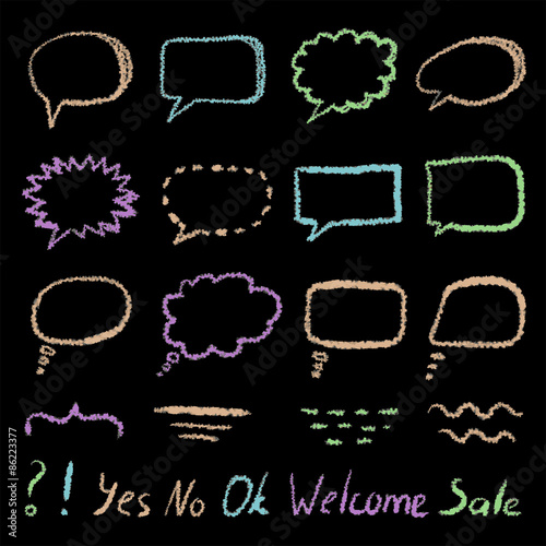 Set of doodle sketch speech bubbles on blackboard hand-drawn with color chalks. Vector illustration.