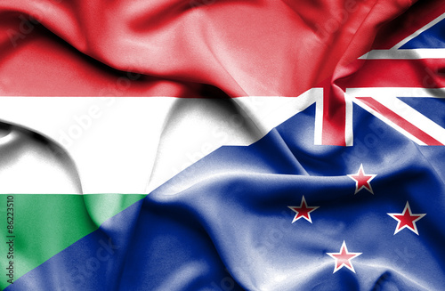 Waving flag of New Zealand and Hungary