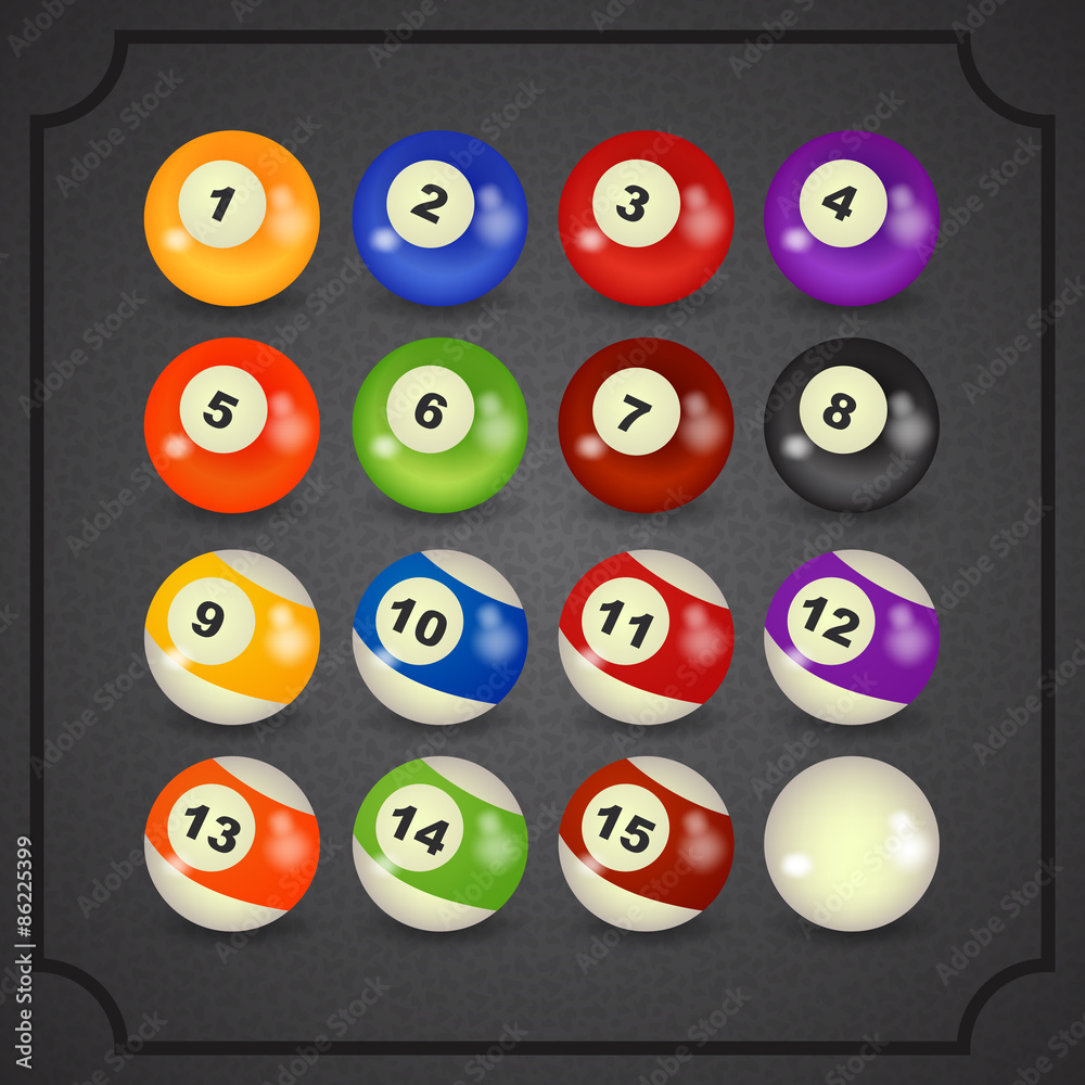 set of billiard balls, billiards, American set of billiard balls, billiards, American