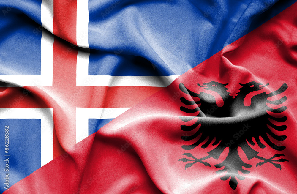 Fototapeta premium Waving flag of Albania and Iceland