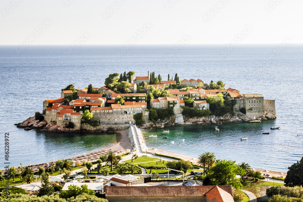 island-hotel of Sveti Stefan in Montenegro on a  summer day