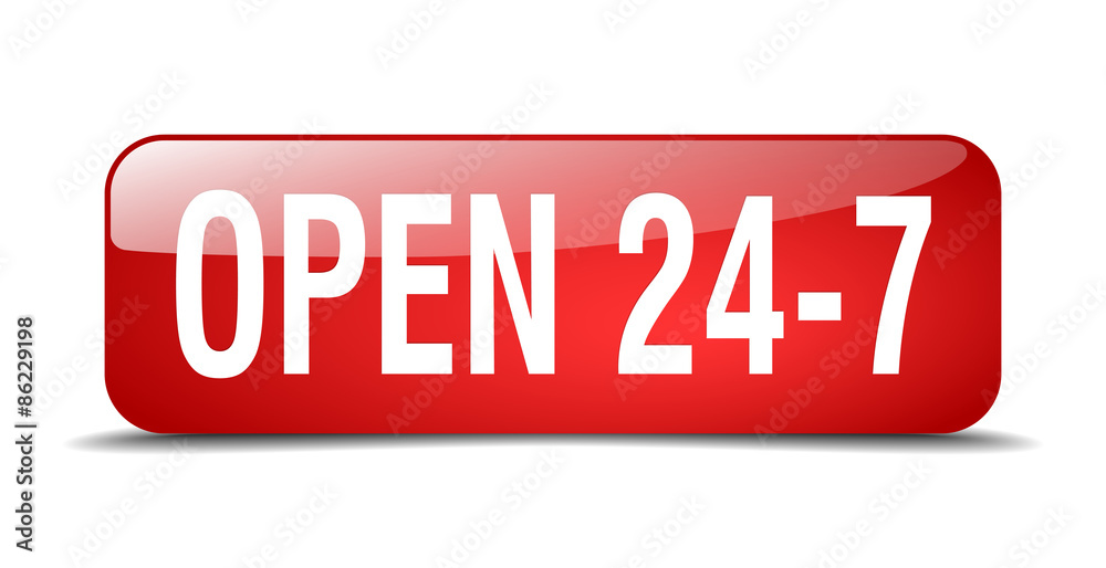 open 24 7 red square 3d realistic isolated web button open 24 7 red square 3d realistic isolated web button