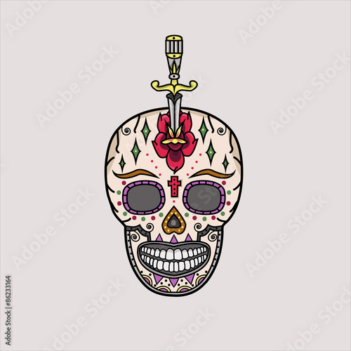 vector illustration of a mexican skull with a sword on the top of it