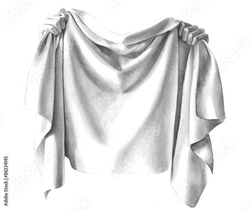 black and white hand drawn clip art of hands holding a draped cloth with folds and wrinkles in the silky materiel or fabric and with copy space for adding text to blank sign or note announcement