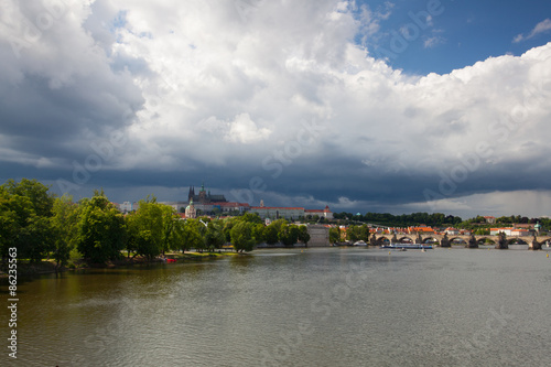 View on the Prague gothic Castle and Old Town before heavy storm