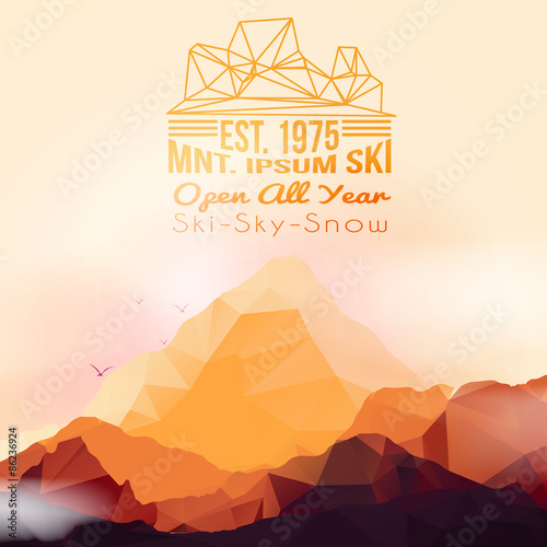 Geometric Mountain and Sunset Background - Vector Illustration