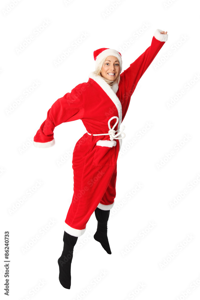 Crazy santa claus in blonde hair jumping. Wearing a red suit and hat Crazy santa claus in blonde hair jumping. Wearing a red suit and hat