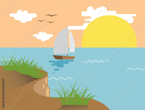 yacht, sea and mountains illustration