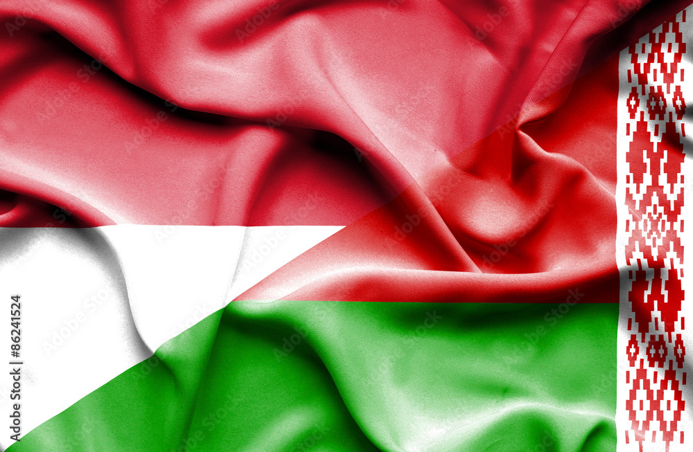 Waving flag of Belarus and Indonesia Waving flag of Belarus and Indonesia