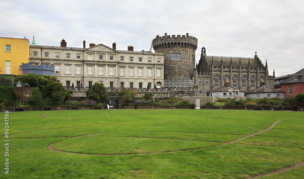 Dublin Castle, seen from park to the south, outside walls.