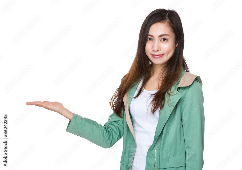 Asian woman with hand showing with balnk sign Asian woman with hand showing with balnk sign