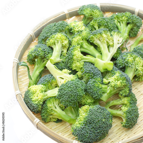 Pile of Broccoli slice in bamboo tray on white background