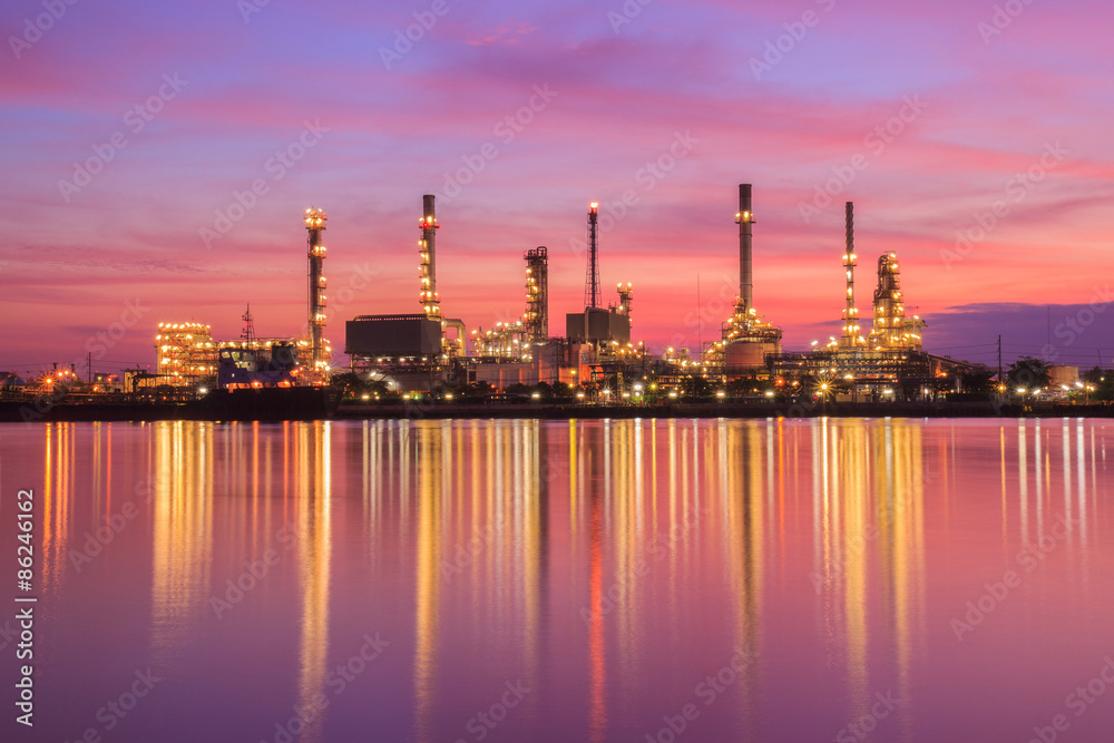 Oil refinery along the river at Dusk (Bangkok, Thailand)