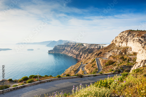 Mountain road to the port on Santorini island, Greece