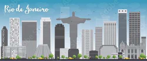 Rio de Janeiro skyline with grey buildings and blue sky