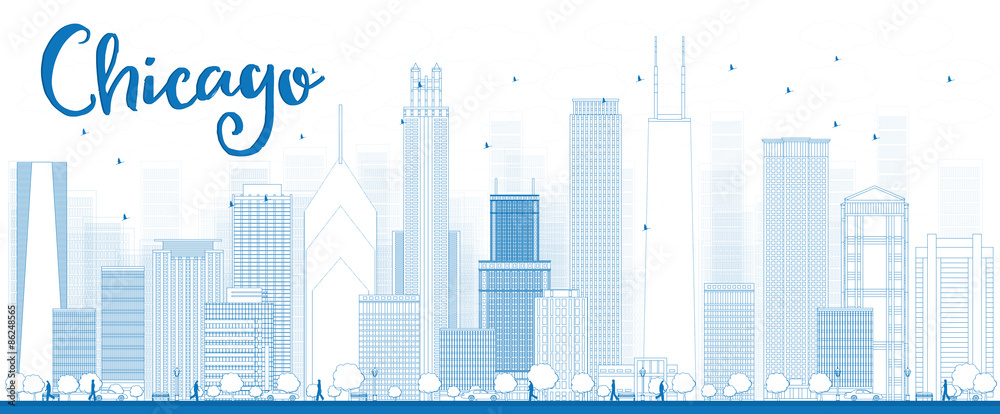 Outline Chicago city skyline with blue skyscrapers