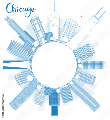 Outline Chicago city skyline with blue skyscrapers and copy spac
