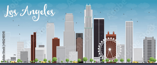 Los Angeles Skyline with Grey Buildings and Blue Sky.