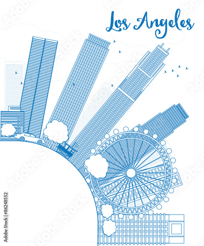 Outline Los Angeles Skyline with Blue Buildings and copy space