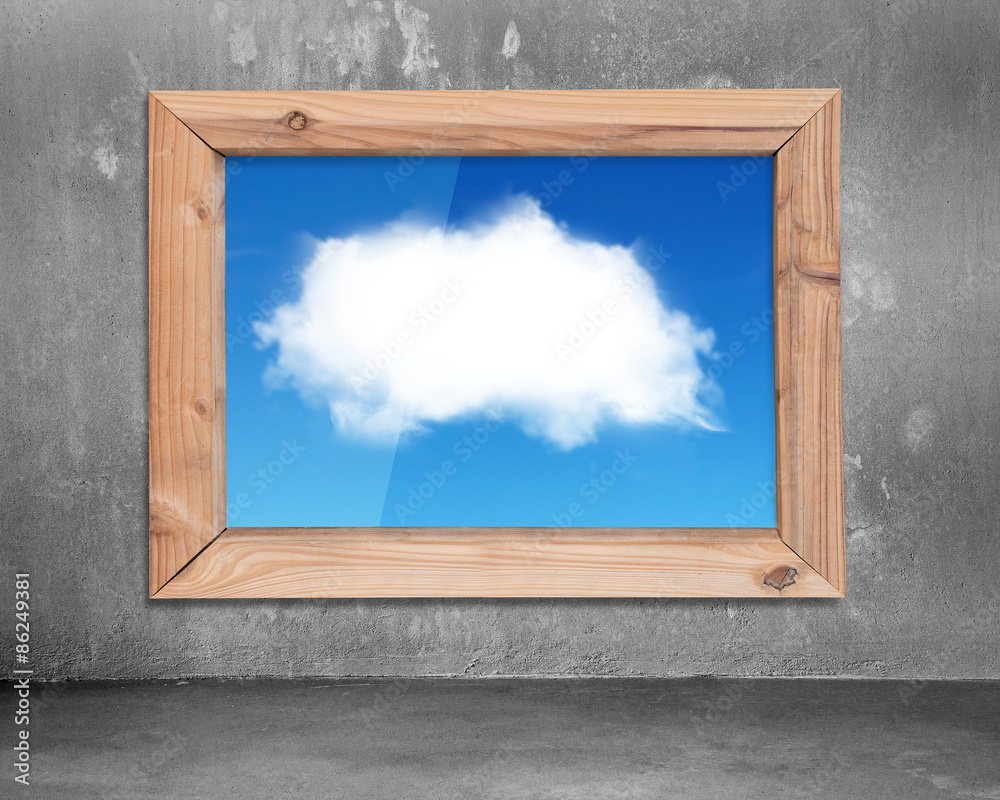 Wood frame window with view of white cloud blue sky Wood frame window with view of white cloud blue sky