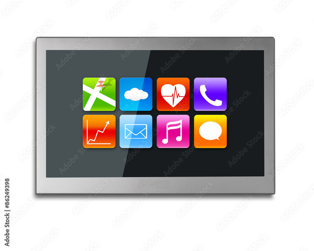 Black wide TV screen with app icons isolated on white Black wide TV screen with app icons isolated on white