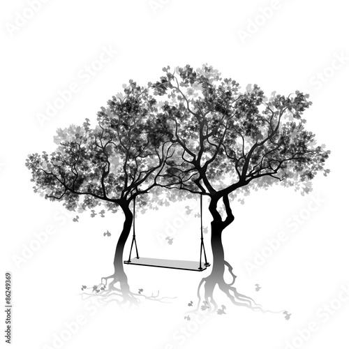 Silhouette of trees and swing between the trees. Abstract gray trees. Fall foliage. Vector, EPS 10