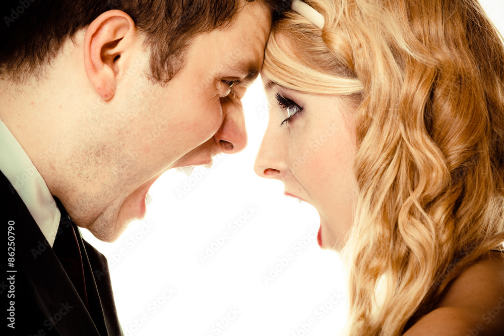 Angry woman man yelling at each other. Fury bride groom. Angry woman man yelling at each other. Fury bride groom.