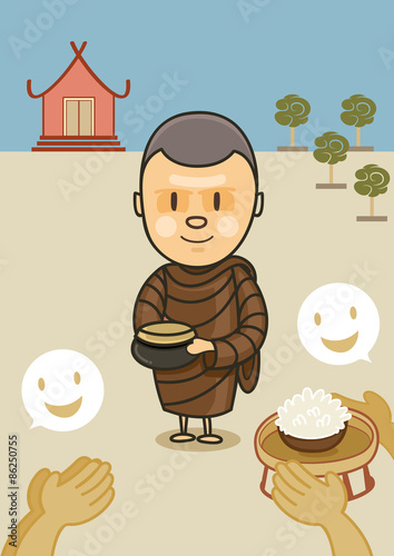 monk with bowl food in front of temple