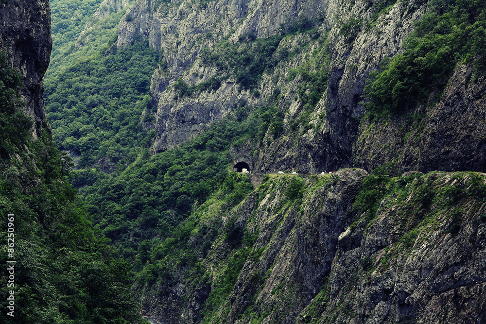 mountain landscape in Europe river gorge clouds