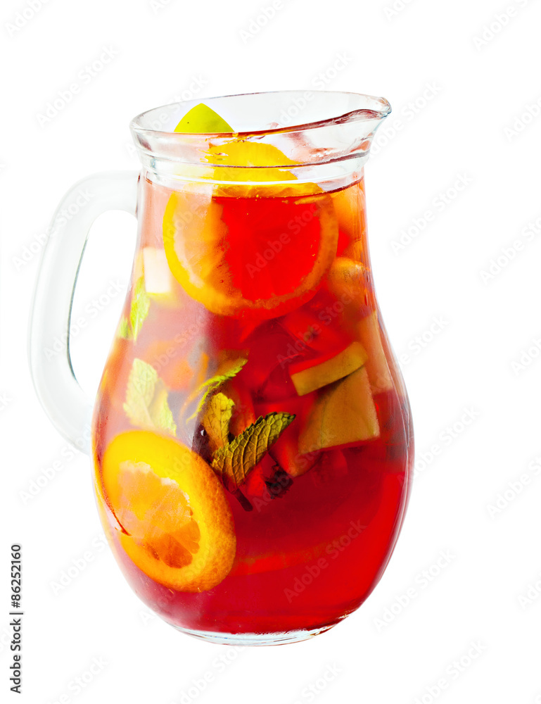 Sangria Pitcher. Wine Drink with Ice and Fruits Stock Photo