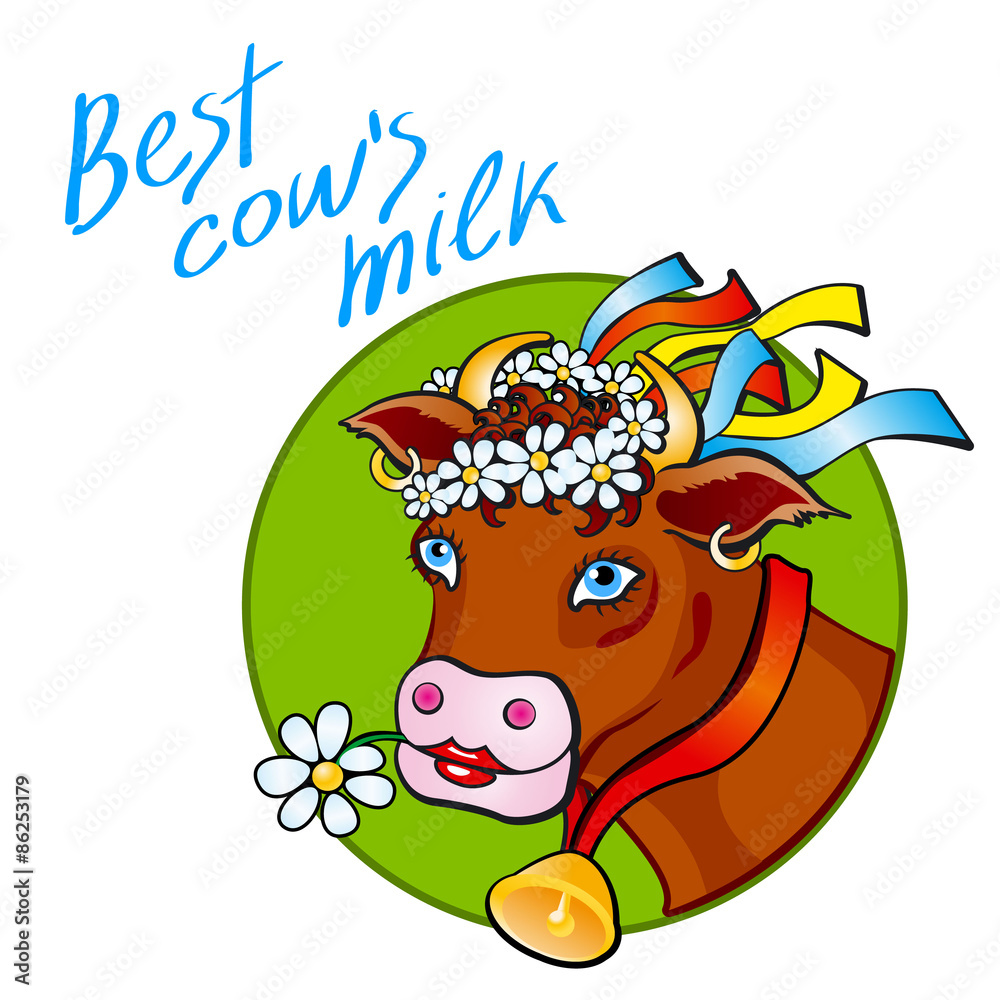 Naklejka premium Funny cow carry wooden pail with milk. Lawn, flowers and sky. Vector illustration