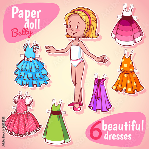 Very cute paper doll with six beautiful dresses. Blonde girl.