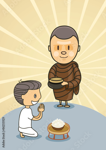 monk with bowl food with praying boy