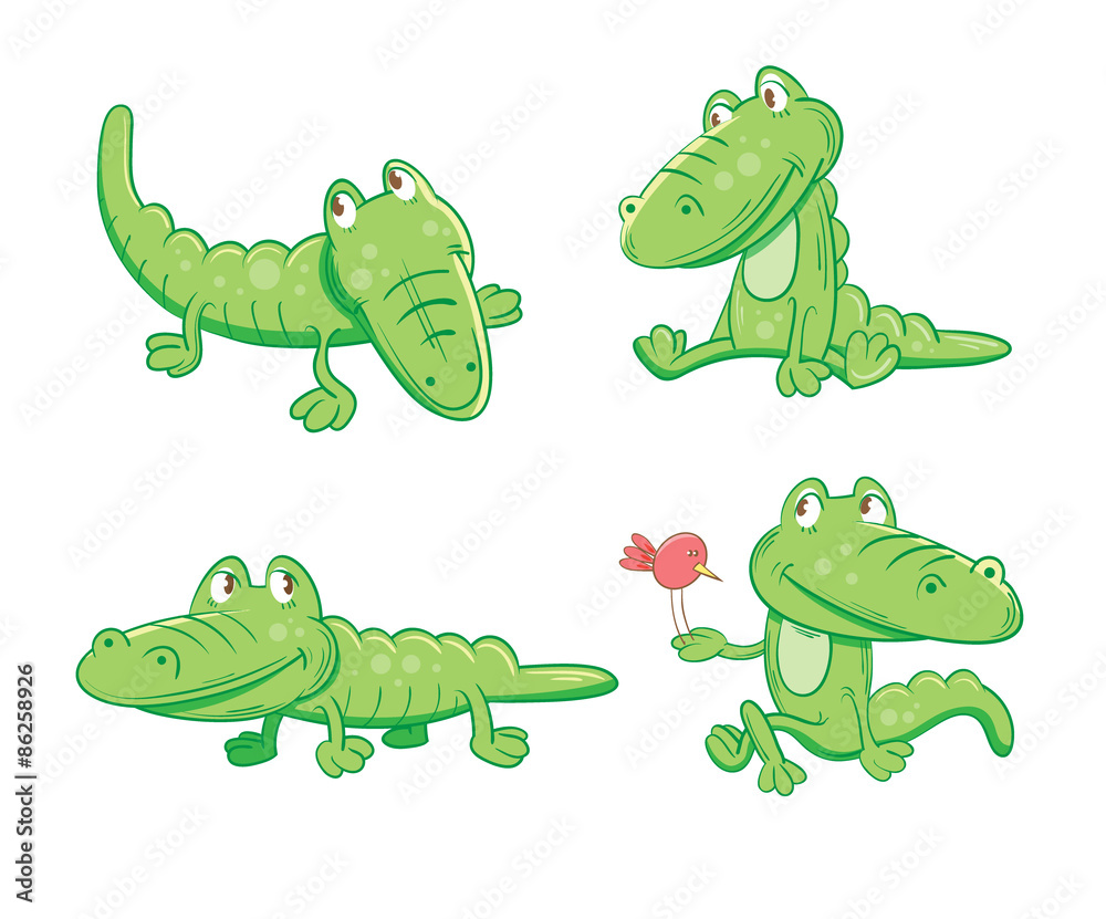 Fototapeta premium Set with four cartoon crocodiles in different poses.